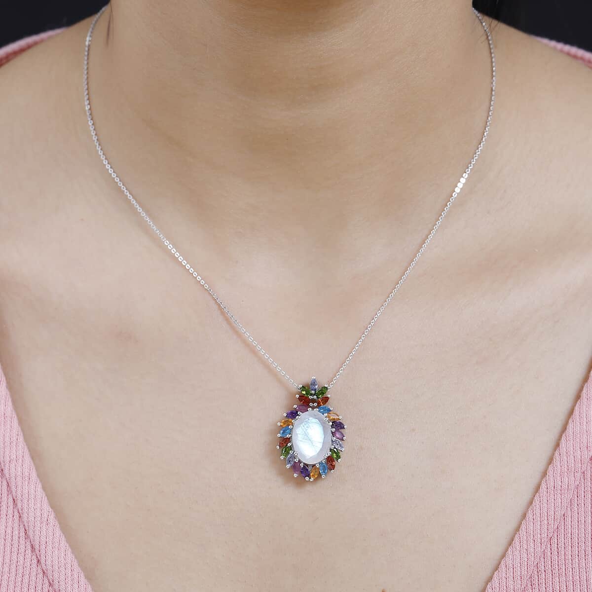 Premium Rainbow Moonstone and Multi Gemstone Cocktail Pendant Necklace 20 Inches in Platinum Over Sterling Silver 8.00 ctw image number 3