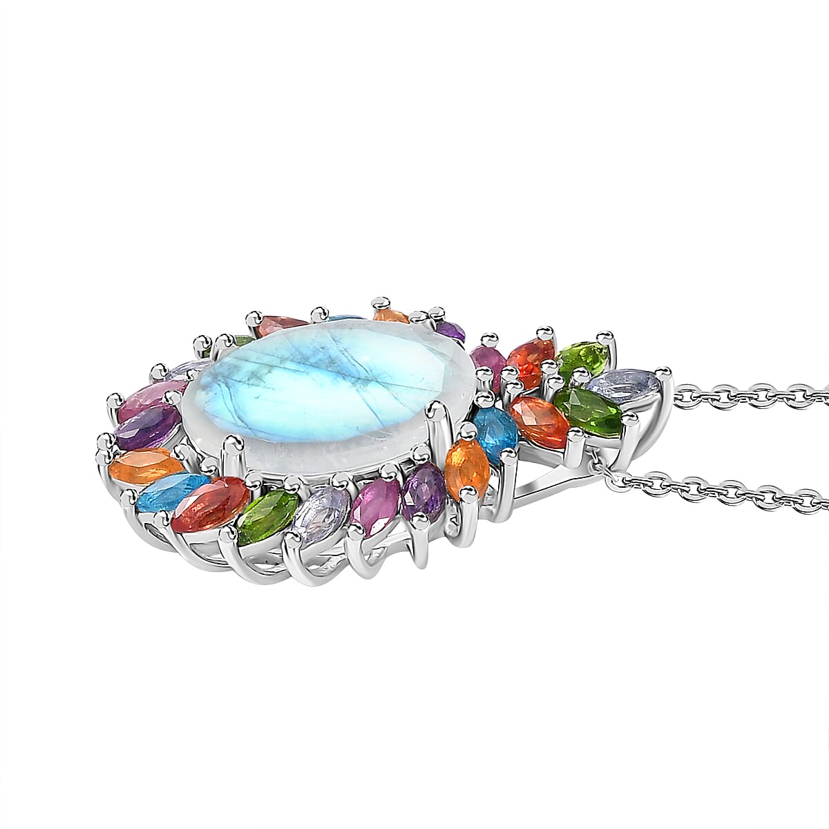 Premium Rainbow Moonstone and Multi Gemston Cocktail Pendant Necklace 20 Inches in Platinum Over Sterling Silver 8.00 ctw