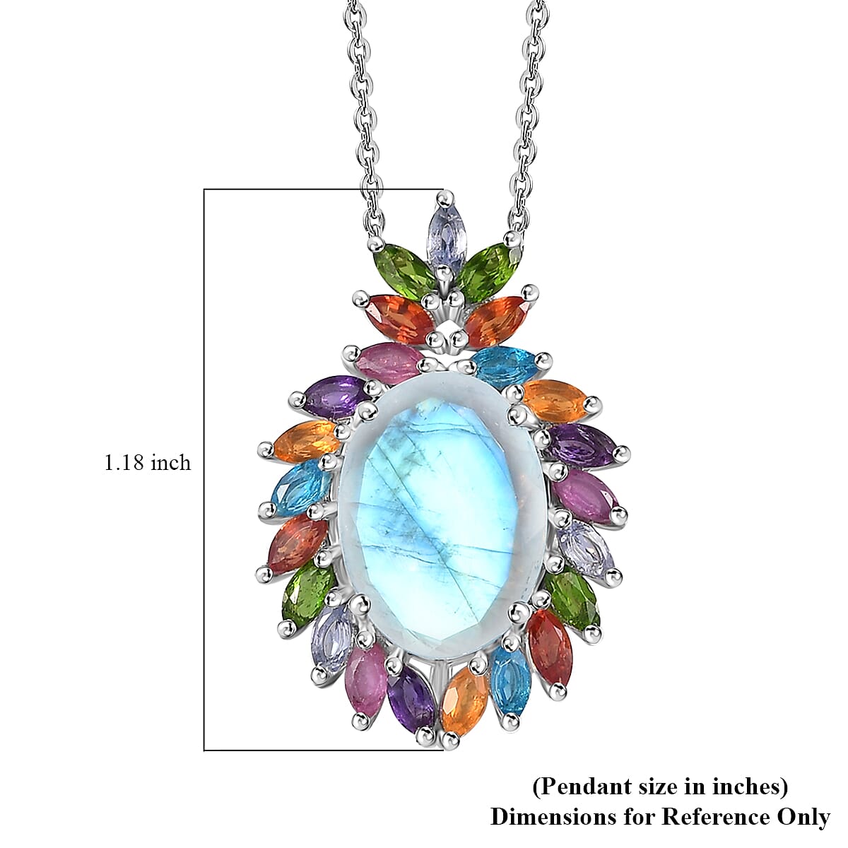 Premium Rainbow Moonstone and Multi Gemston Cocktail Pendant Necklace 20 Inches in Platinum Over Sterling Silver 8.00 ctw