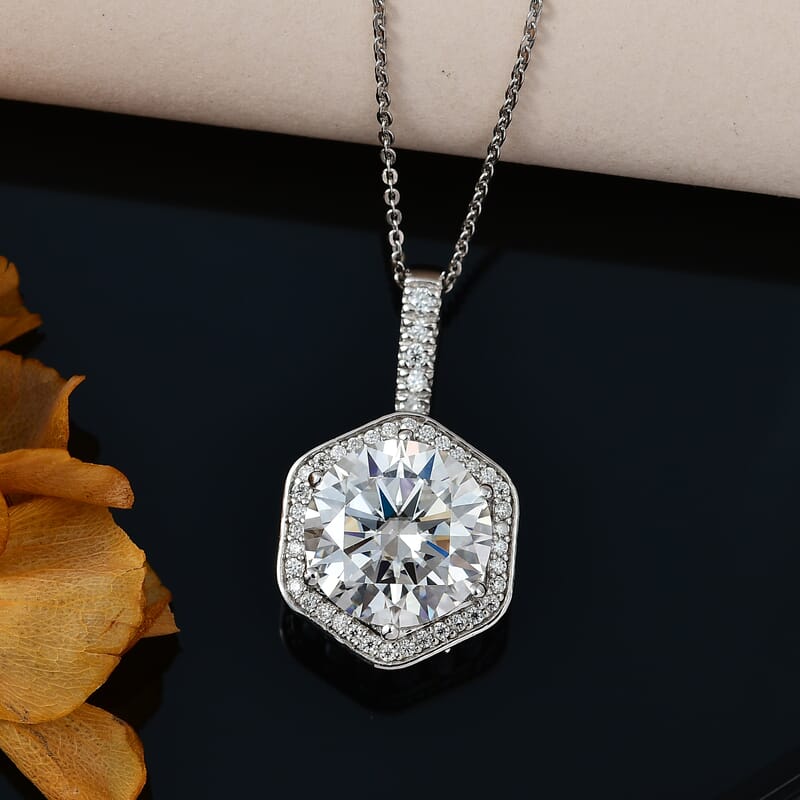 Moissanite Halo Pendant Necklace 20 Inches in Platinum Over Sterling Silver 7.75 ctw