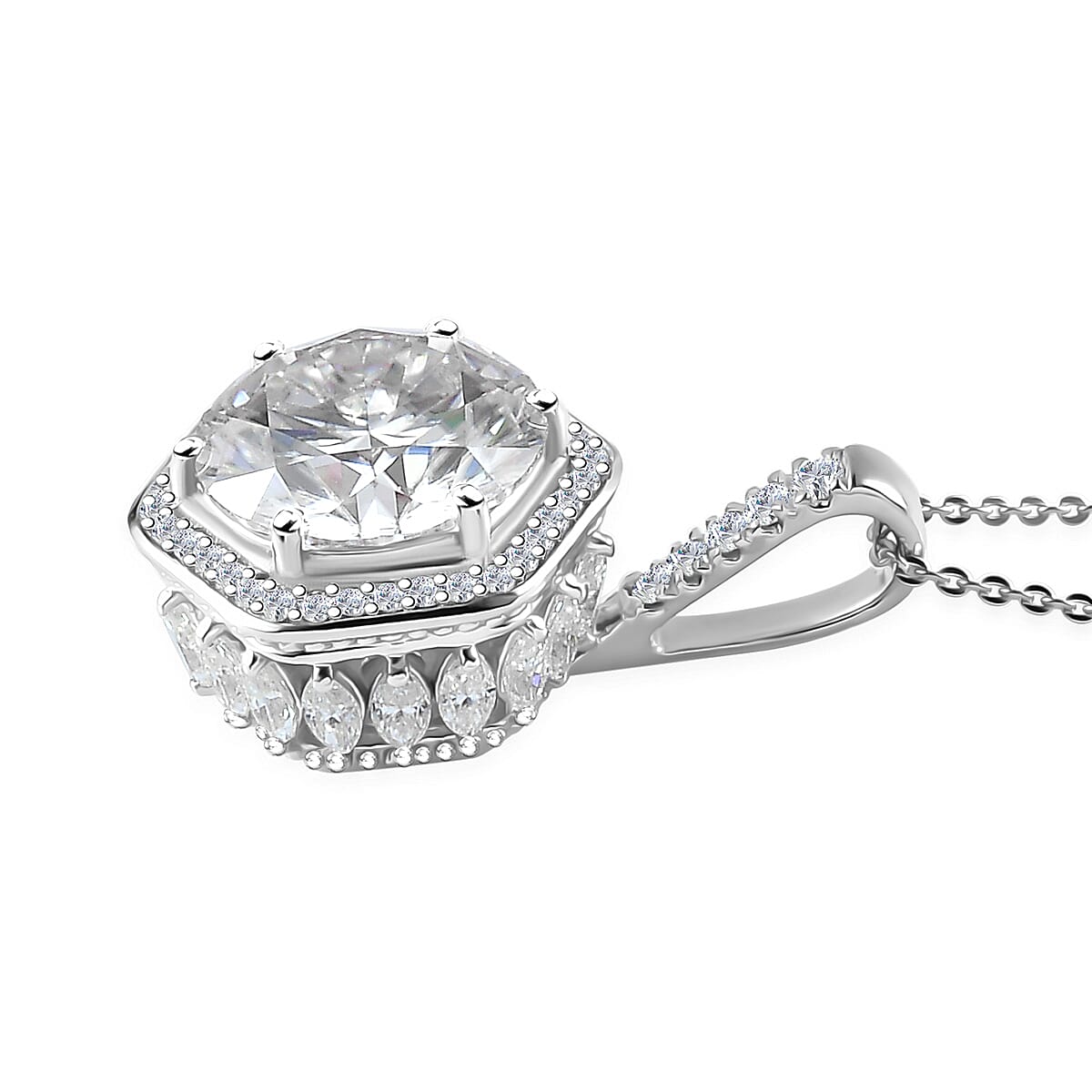 Moissanite Halo Pendant Necklace 20 Inches in Platinum Over Sterling Silver 7.75 ctw