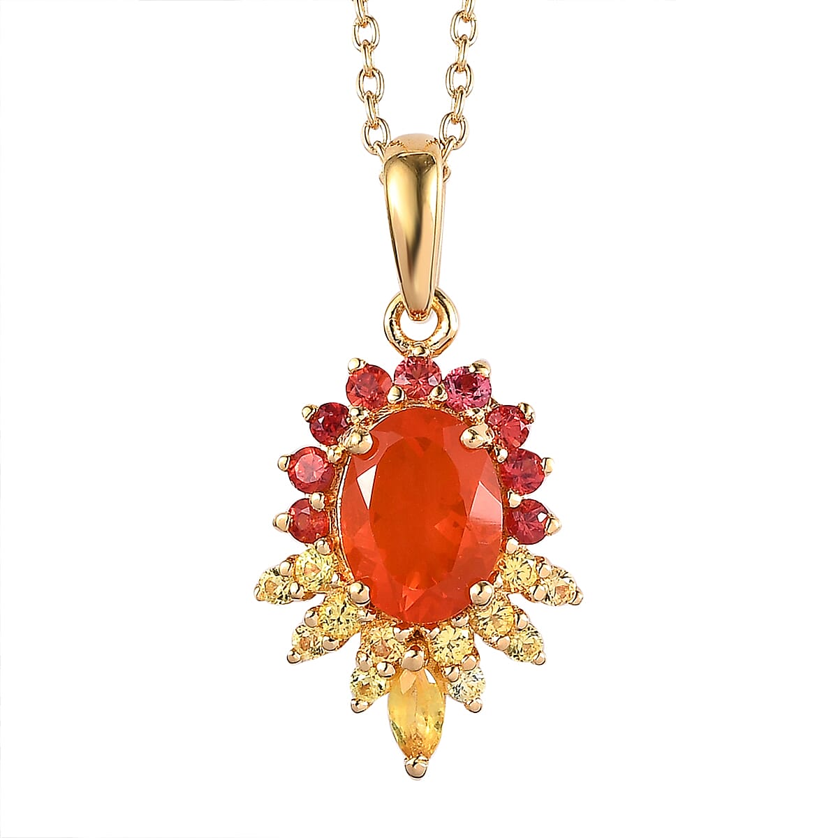 Crimson Fire Opal, Yellow and Red Sapphire 1.60 ctw Pendant Necklace (20 Inches) in 18K Vermeil Yellow Gold Over Sterling Silver