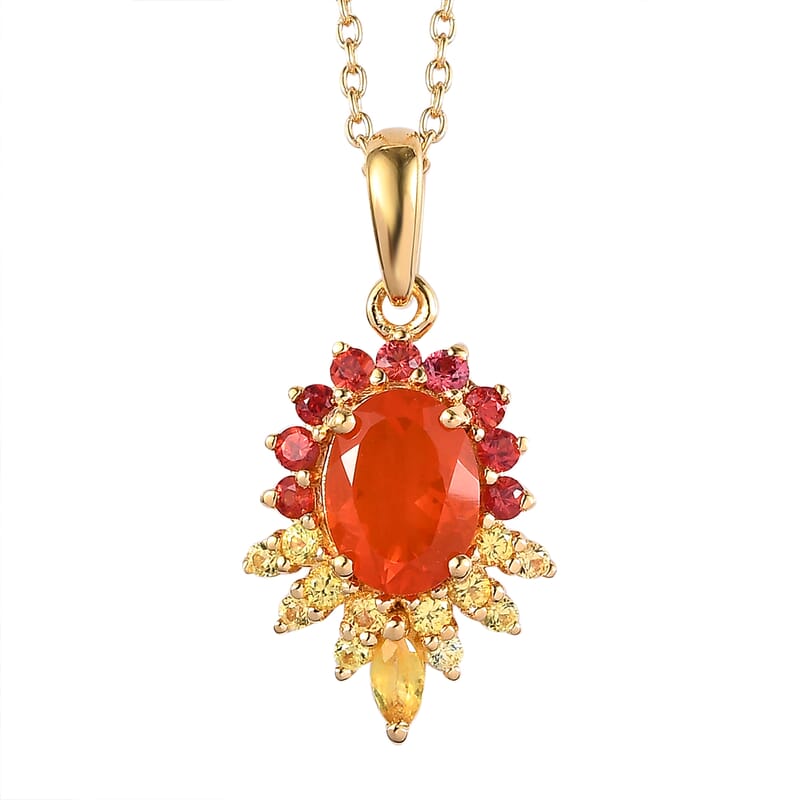 Crimson Fire Opal, Yellow and Red Sapphire 1.60 ctw Pendant Necklace (20 Inches) in 18K Vermeil Yellow Gold Over Sterling Silver