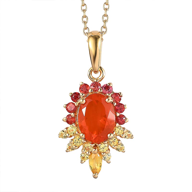 Crimson Fire Opal, Yellow and Red Sapphire 1.60 ctw Pendant Necklace (20 Inches) in 18K Vermeil Yellow Gold Over Sterling Silver