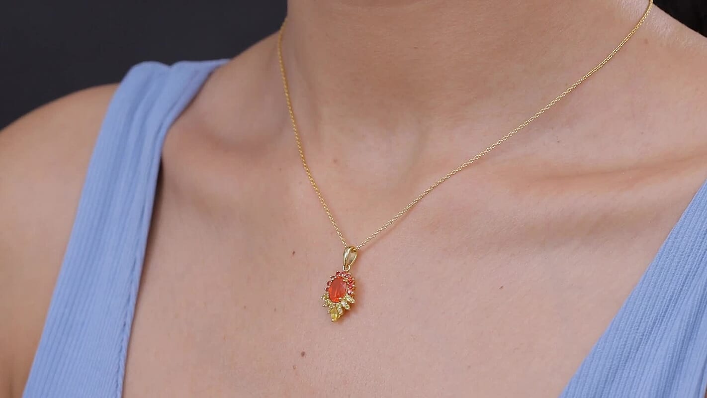Crimson Fire Opal, Yellow and Red Sapphire 1.60 ctw Pendant Necklace (20 Inches) in 18K Vermeil Yellow Gold Over Sterling Silver