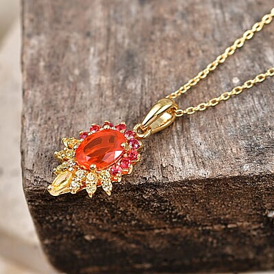 Crimson Fire Opal, Yellow and Red Sapphire 1.60 ctw Pendant Necklace (20 Inches) in 18K Vermeil Yellow Gold Over Sterling Silver
