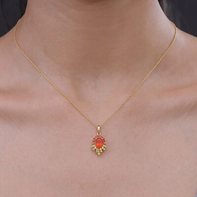 Crimson Fire Opal, Yellow and Red Sapphire 1.60 ctw Pendant Necklace (20 Inches) in 18K Vermeil Yellow Gold Over Sterling Silver