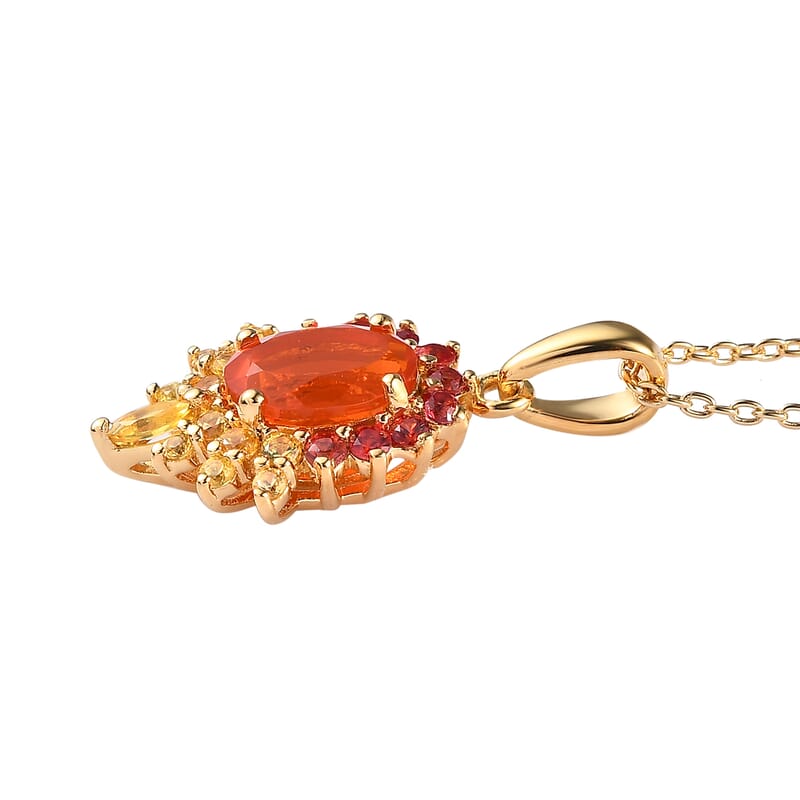 Crimson Fire Opal, Yellow and Red Sapphire 1.60 ctw Pendant Necklace (20 Inches) in 18K Vermeil Yellow Gold Over Sterling Silver