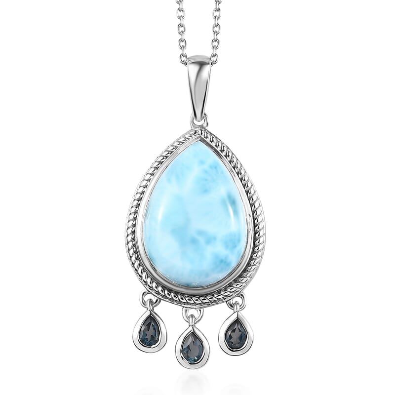 Premium Larimar and London Blue Topaz 12.50 ctw Pendant Necklace in Rhodium Over Sterling Silver 20 Inches