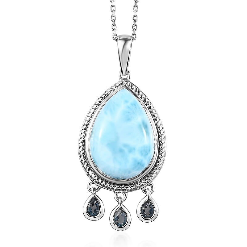 Premium Larimar and London Blue Topaz 12.50 ctw Pendant Necklace in Rhodium Over Sterling Silver 20 Inches