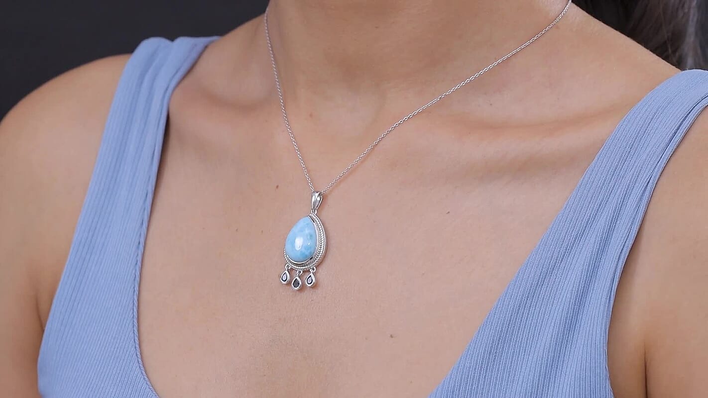 Premium Larimar, London Blue Topaz Pendant Necklace (20 Inches) in Rhodium Over Sterling Silver 12.50 ctw