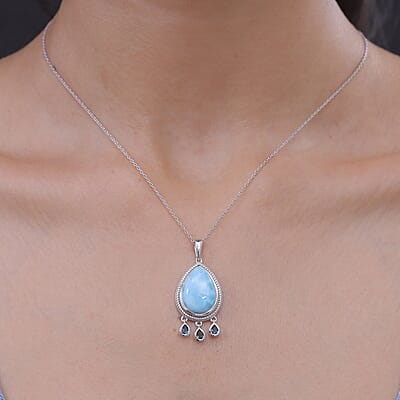 Premium Larimar and London Blue Topaz 12.50 ctw Pendant Necklace in Rhodium Over Sterling Silver 20 Inches