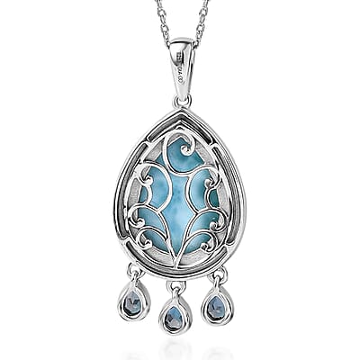 Premium Larimar and London Blue Topaz 12.50 ctw Pendant Necklace in Rhodium Over Sterling Silver 20 Inches