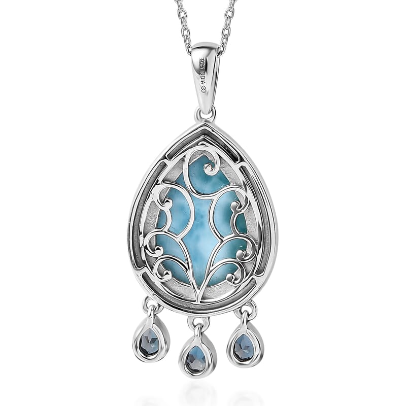 Premium Larimar and London Blue Topaz 12.50 ctw Pendant Necklace in Rhodium Over Sterling Silver 20 Inches