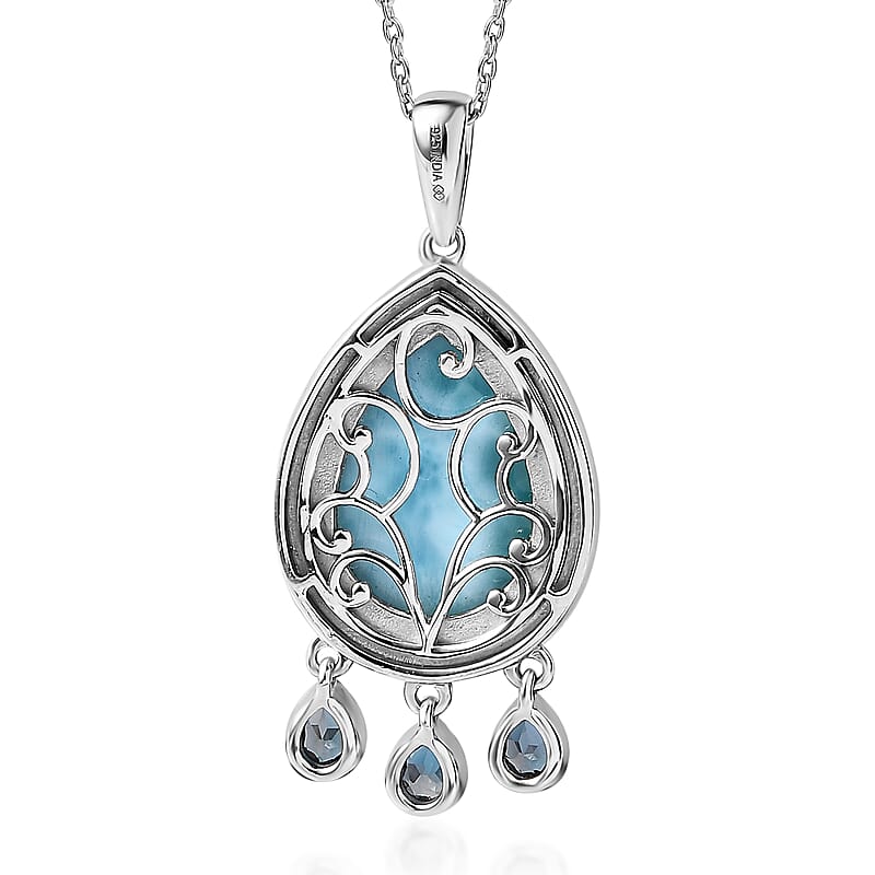 Premium Larimar and London Blue Topaz 12.50 ctw Pendant Necklace in Rhodium Over Sterling Silver 20 Inches
