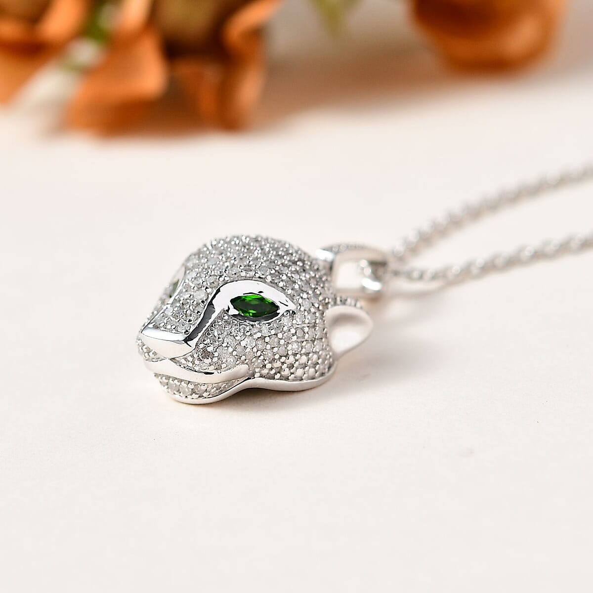 GP Trionfo Collection Chrome Diopside and Diamond Panther Head Pendant Necklace 20 Inches in Platinum Over Sterling Silver 1.10 ctw image number 1