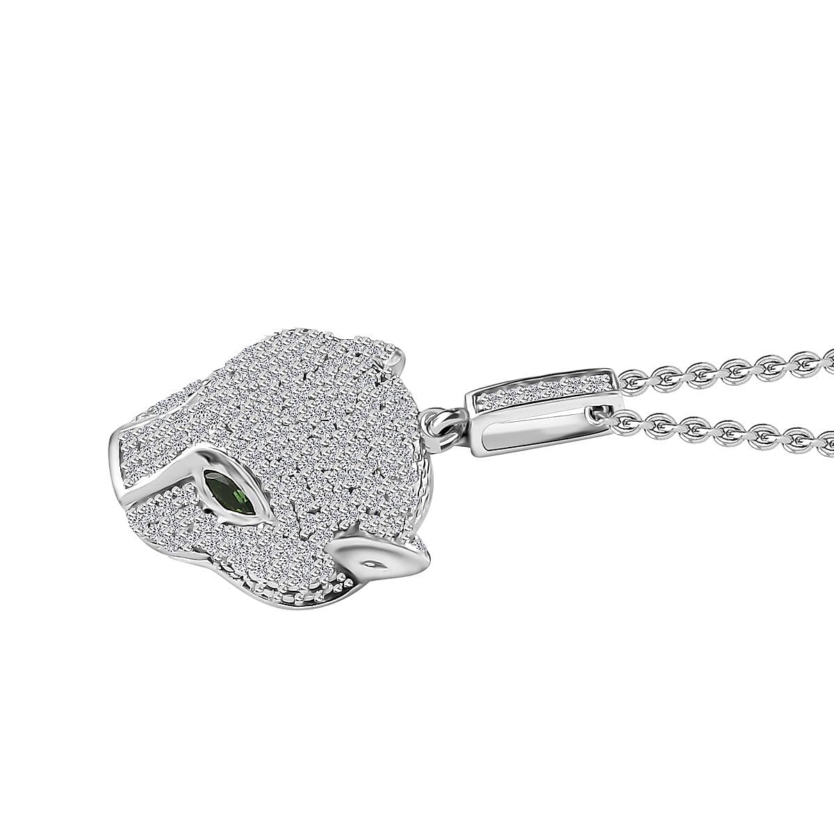 GP Trionfo Collection Chrome Diopside and Diamond Panther Head Pendant Necklace 20 Inches in Platinum Over Sterling Silver 1.10 ctw image number 3