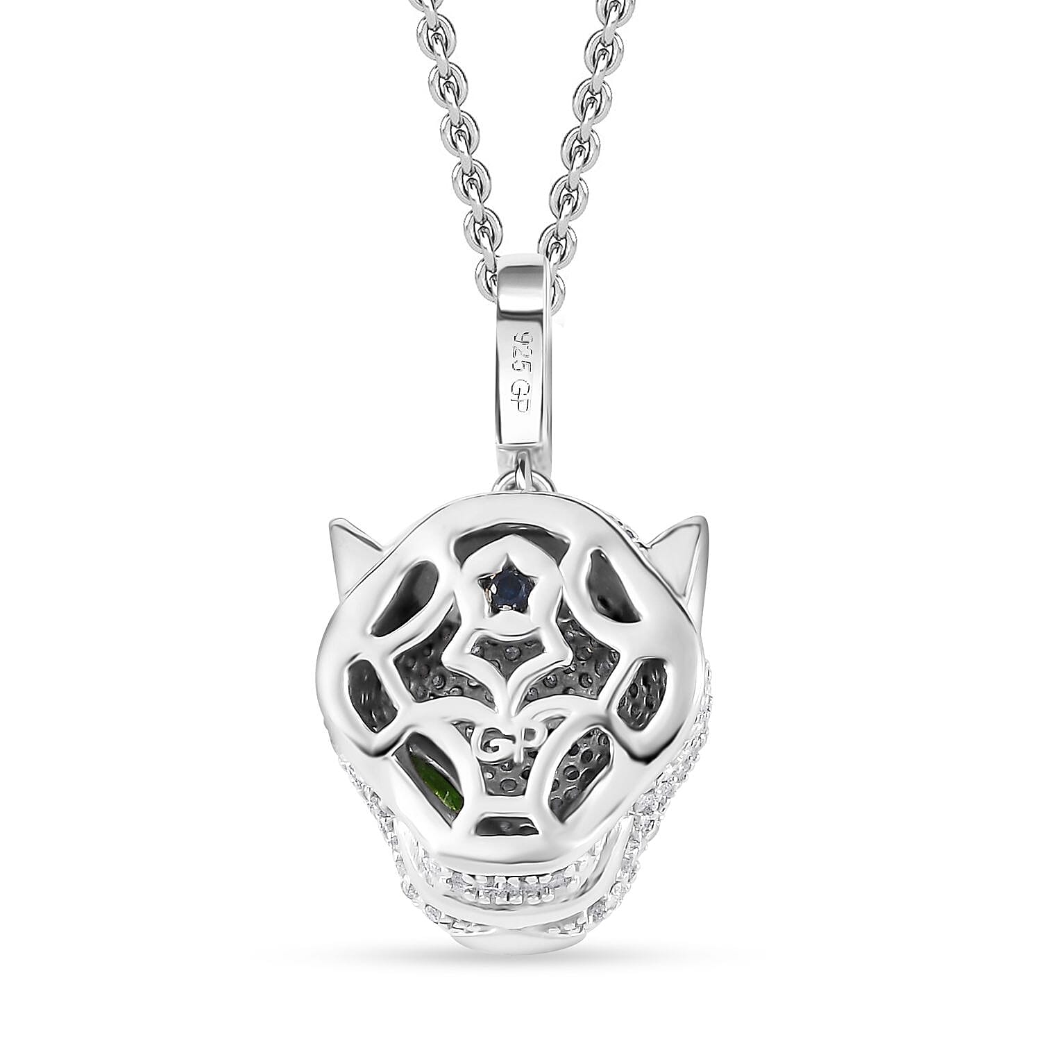 GP Trionfo Collection Chrome Diopside and Diamond Panther Head Pendant Necklace 20 Inches in Platinum Over Sterling Silver 1.10 ctw