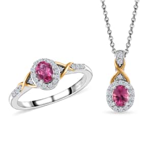 Ouro Fino Rubellite and White Zircon Ring (Size 5.0) and Pendant Necklace 20 Inches in Vermeil YG and Platinum Over Sterling Silver 1.10 ctw