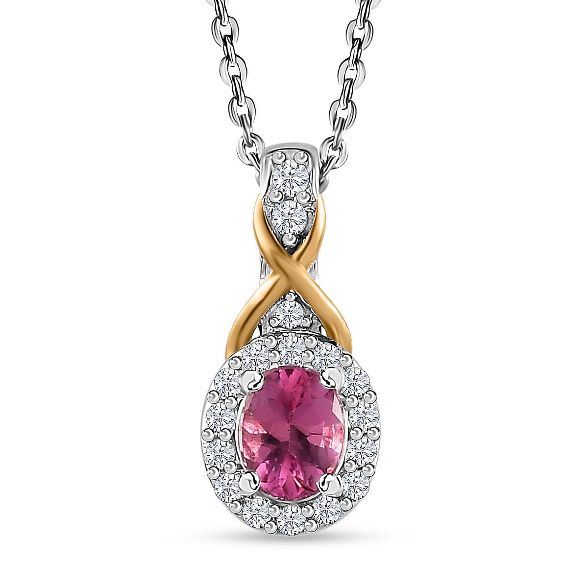 Ouro Fino Rubellite and White Zircon 1.10 ctw Ring (Size 5.0) and Pendant Necklace in Vermeil YG and Platinum Over Sterling Silver 20 Inches