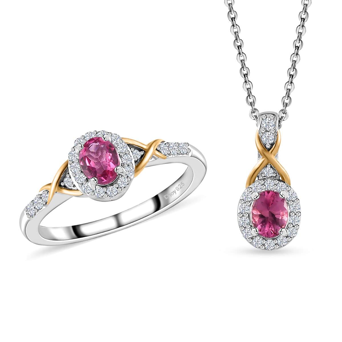 Ouro Fino Rubellite and White Zircon 1.10 ctw Ring (Size 8.0) and Pendant Necklace in Vermeil YG and Platinum Over Sterling Silver 20 Inches image number 0