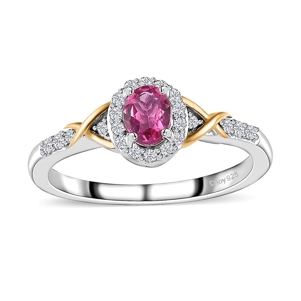 Ouro Fino Rubellite and White Zircon 1.10 ctw Ring (Size 9.0) and Pendant Necklace in Vermeil YG and Platinum Over Sterling Silver 20 Inches