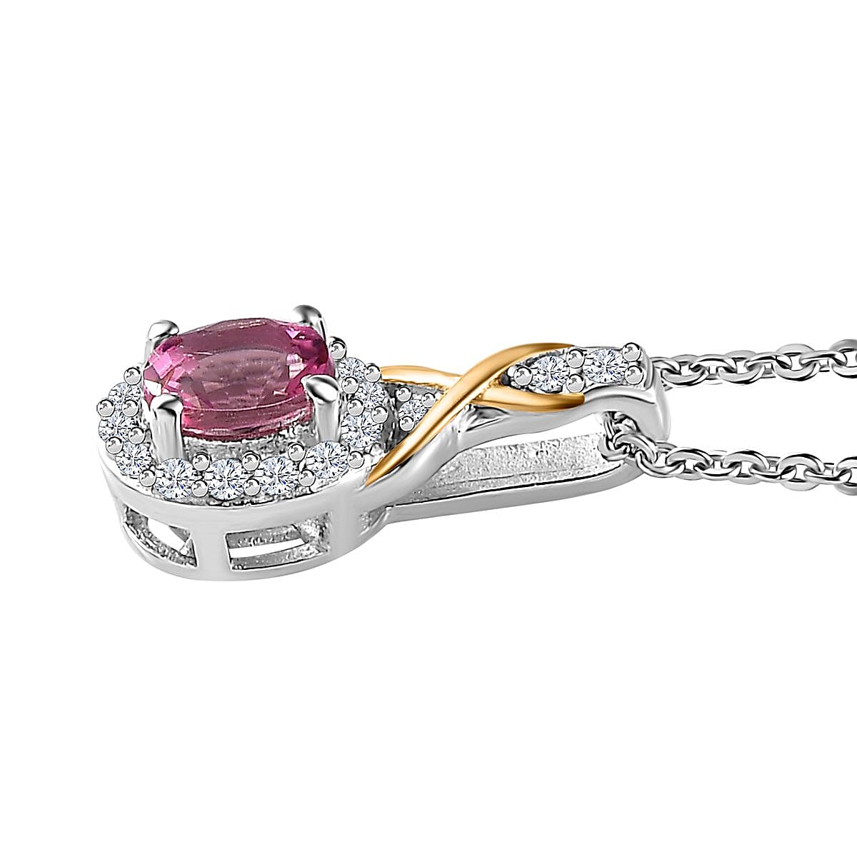 Ouro Fino Rubellite and White Zircon 1.10 ctw Ring (Size 9.0) and Pendant Necklace in Vermeil YG and Platinum Over Sterling Silver 20 Inches