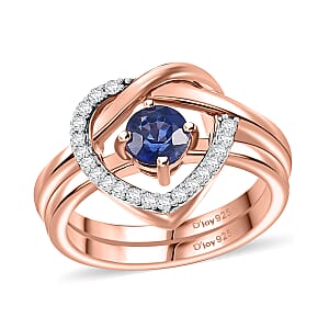 Set of 2 Premium Kashmir Kyanite and Moissanite 0.90 ctw Stackable Ring in Vermeil Rose Gold Over Sterling Silver (Size 9)