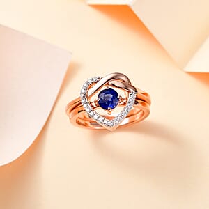 Set of 2 Premium Kashmir Kyanite and Moissanite 0.90 ctw Stackable Ring in Vermeil Rose Gold Over Sterling Silver (Size 9)