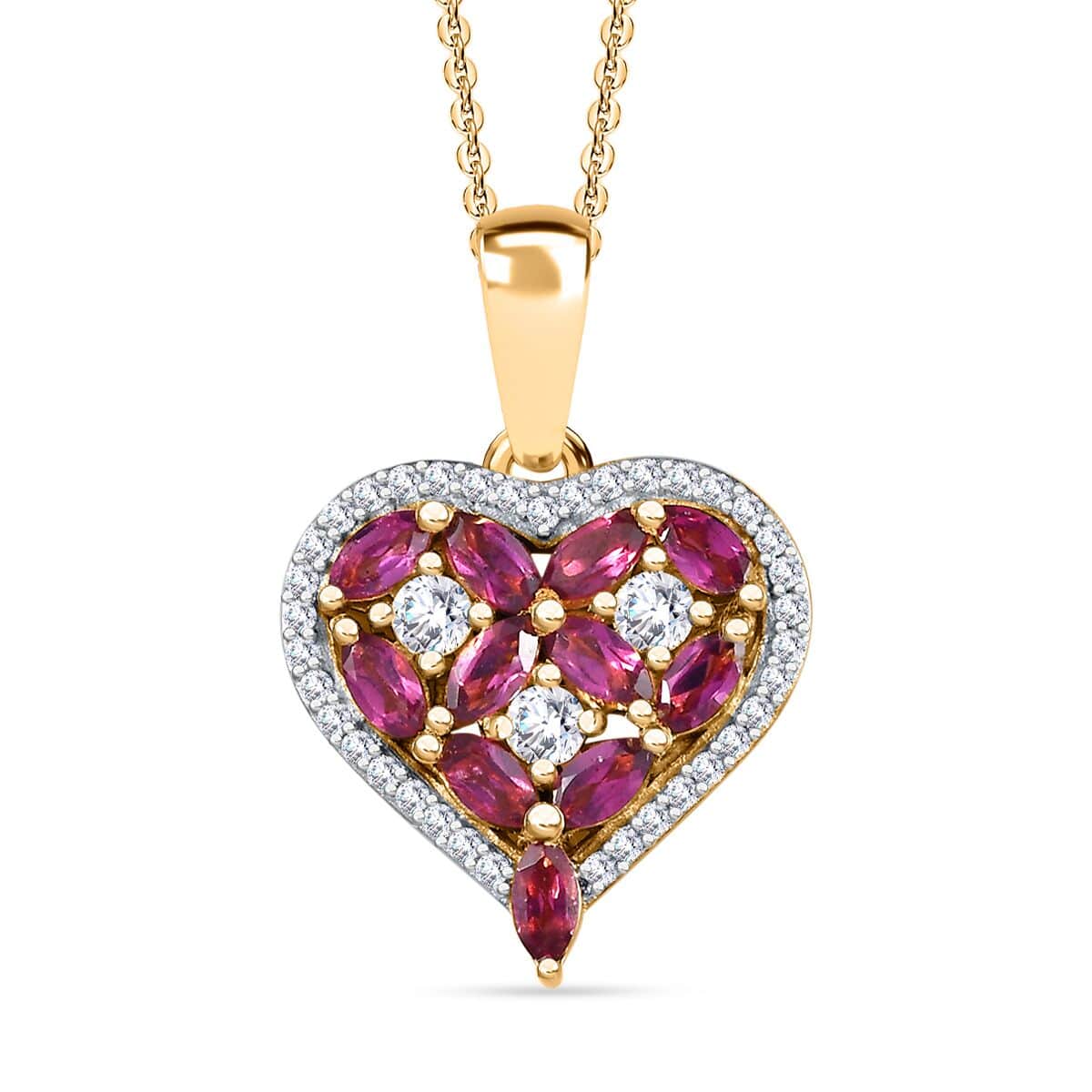 Orissa Rhodolite Garnet and Moissanite Heart Pendant Necklace 20 Inches in Vermeil Yellow Gold Over Sterling Silver 1.50 ctw image number 0