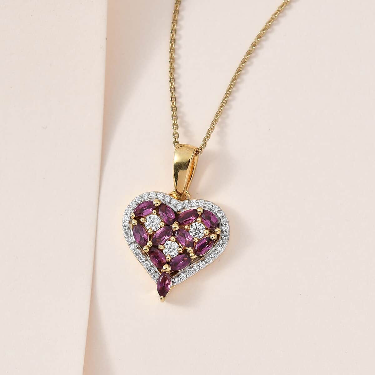 Orissa Rhodolite Garnet and Moissanite Heart Pendant Necklace 20 Inches in Vermeil Yellow Gold Over Sterling Silver 1.50 ctw image number 1