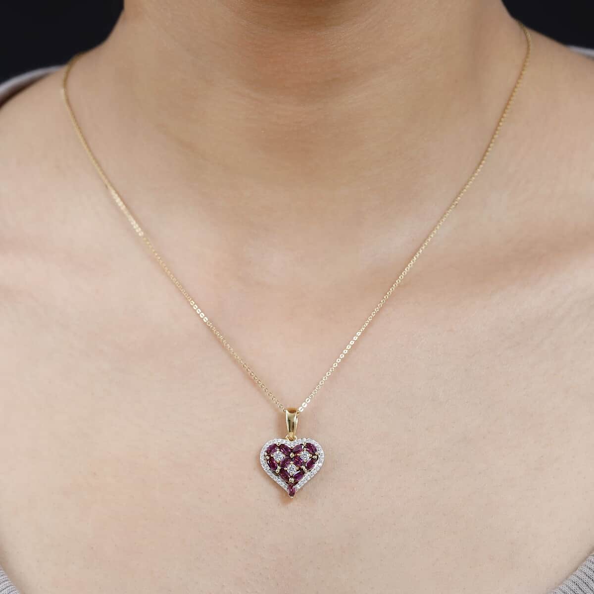 Orissa Rhodolite Garnet and Moissanite Heart Pendant Necklace 20 Inches in Vermeil Yellow Gold Over Sterling Silver 1.50 ctw image number 2