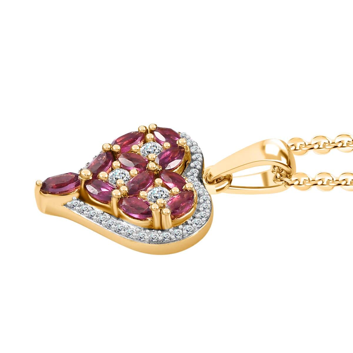 Orissa Rhodolite Garnet and Moissanite Heart Pendant Necklace 20 Inches in Vermeil Yellow Gold Over Sterling Silver 1.50 ctw image number 3