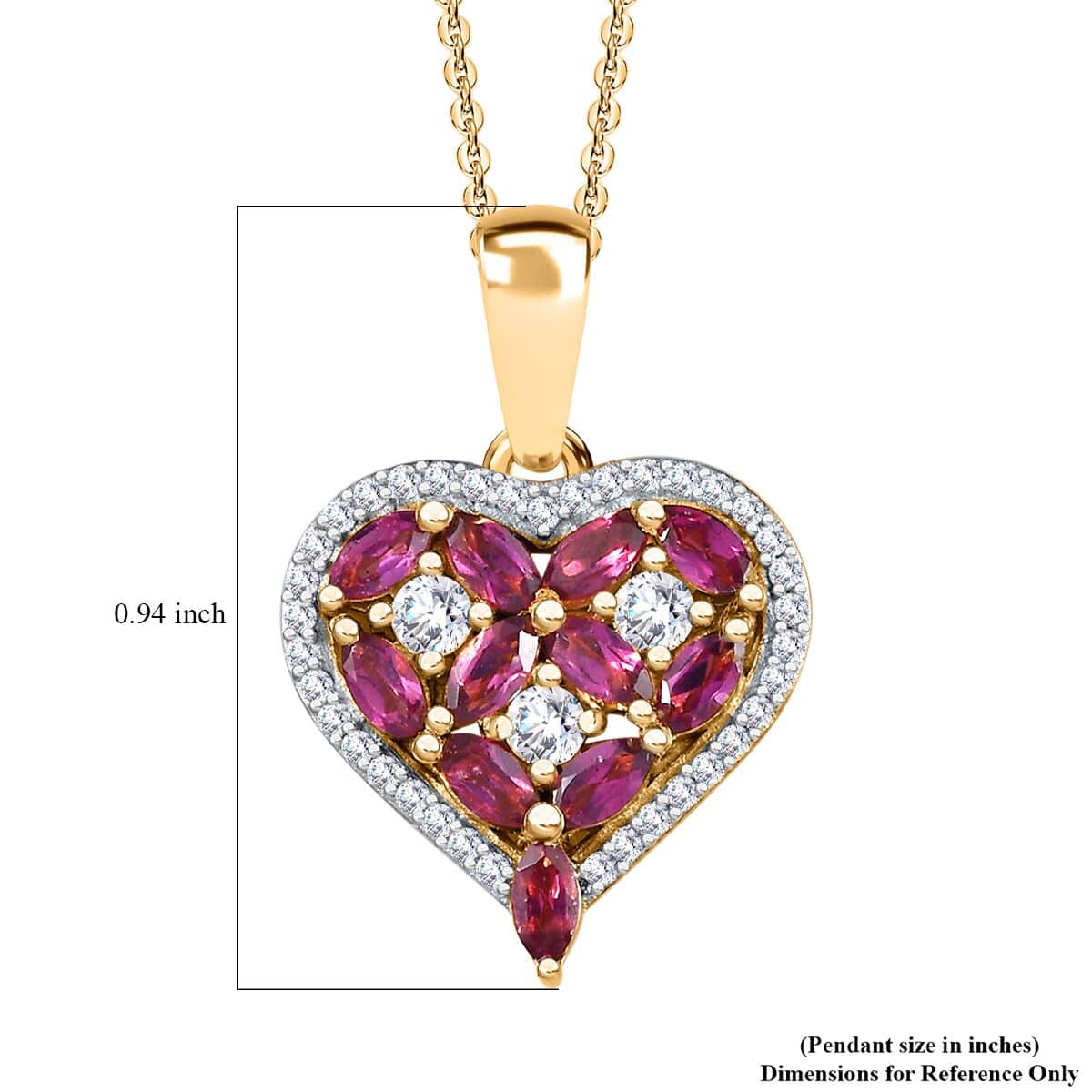 Orissa Rhodolite Garnet and Moissanite Heart Pendant Necklace 20 Inches in Vermeil Yellow Gold Over Sterling Silver 1.50 ctw image number 5