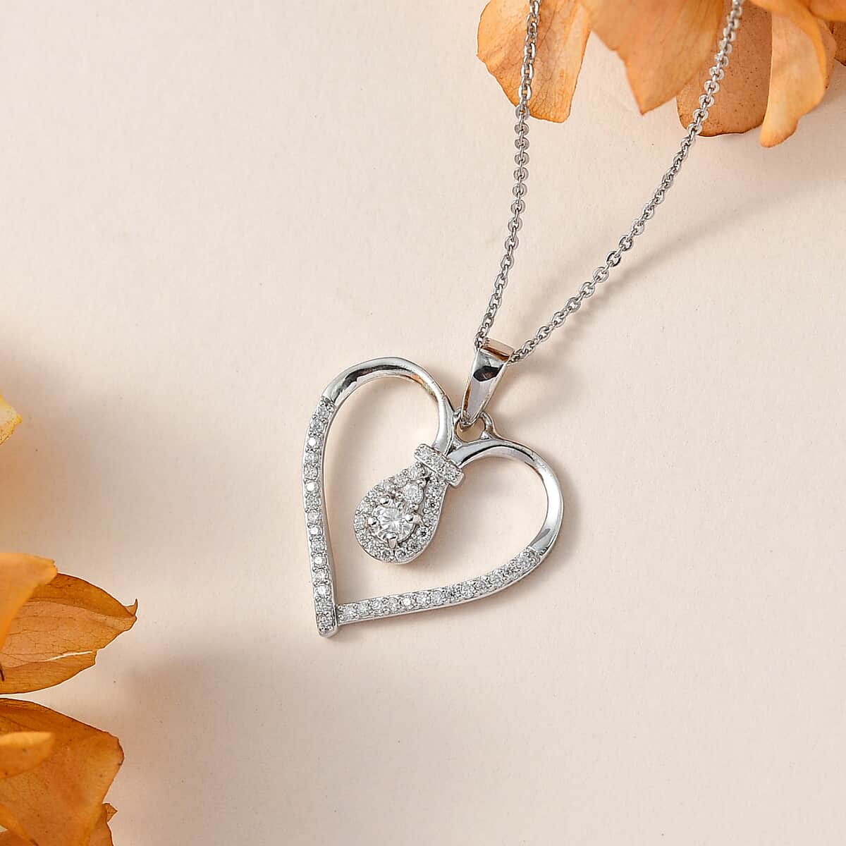 Moissanite Heart Pendant Necklace 20 Inches in Platinum Over Sterling Silver 0.50 ctw image number 1