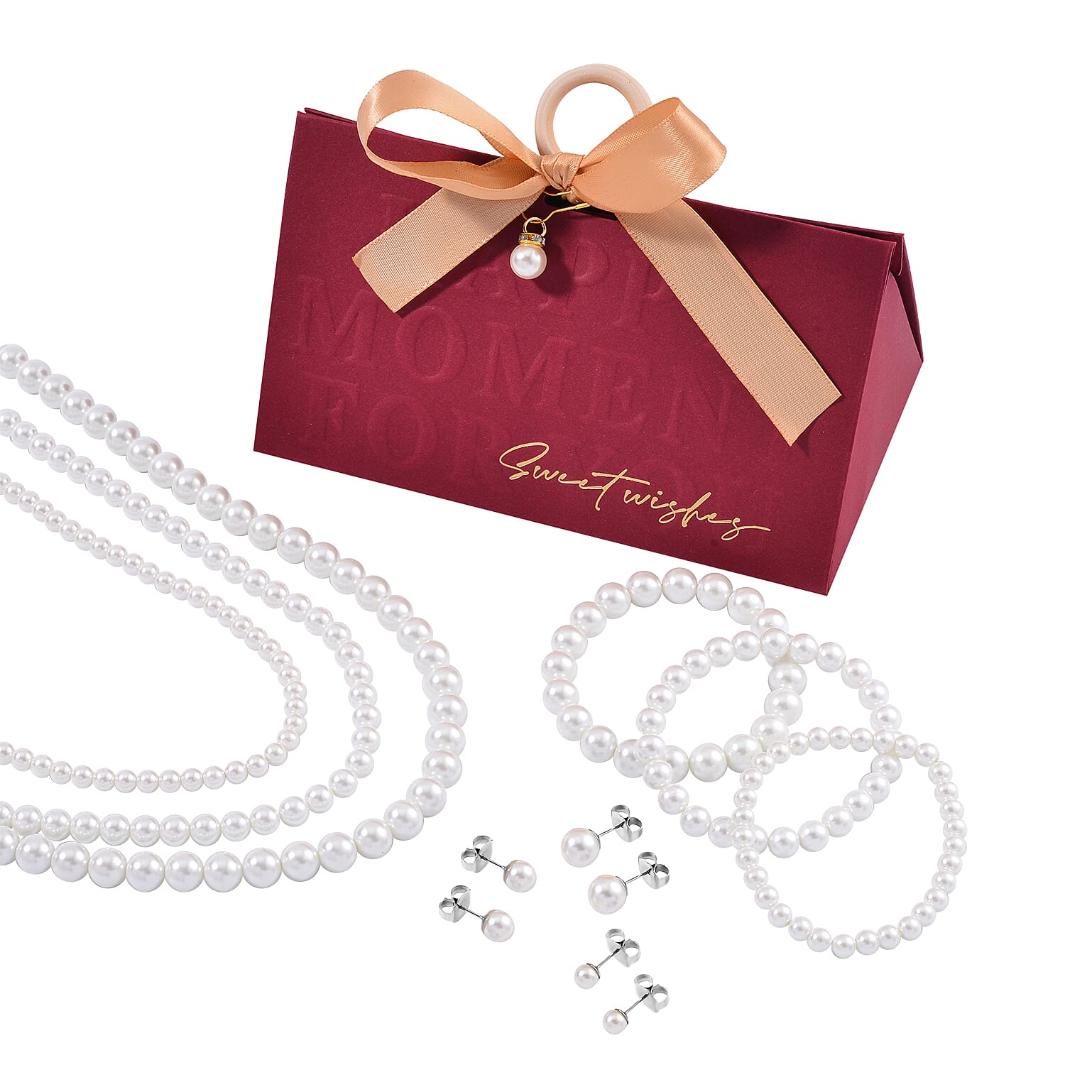 Set with Bow Ribbon Burgundy Packaging 9pcs Set White Color Constituted Shell Pearl Stretch Bracelet, Earrings and Necklace (20-22 Inches) in Stainless Steel