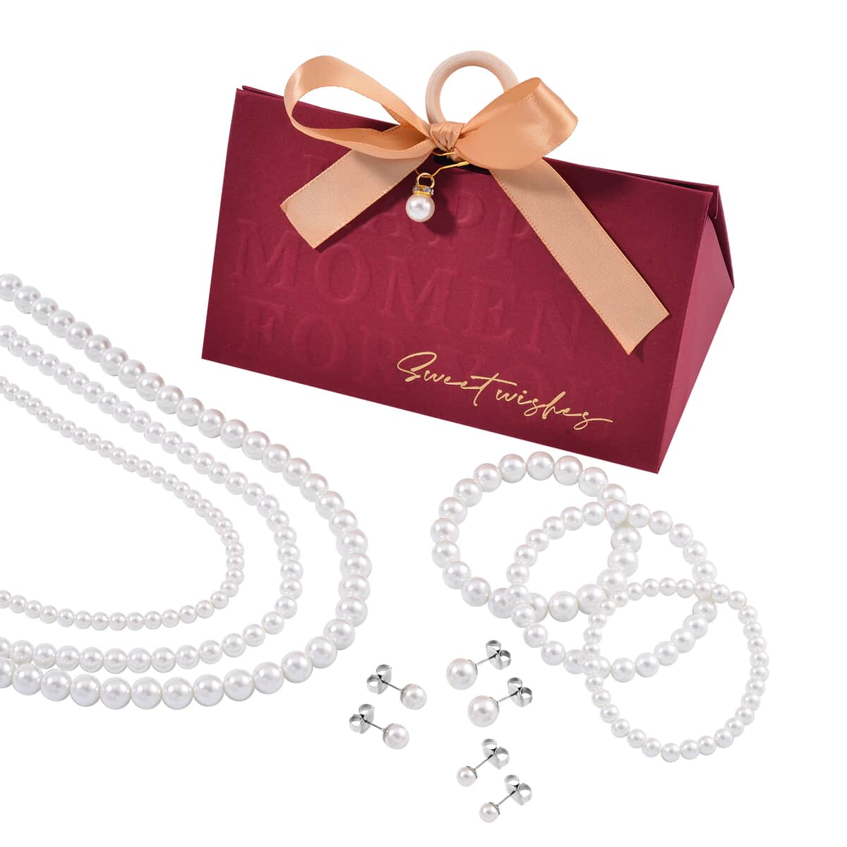 Set with Bow Ribbon Burgundy Packaging 9pcs Set White Color Constituted Shell Pearl Stretch Bracelet, Earrings and Necklace 20-22 Inches in Stainless Steel image number 0