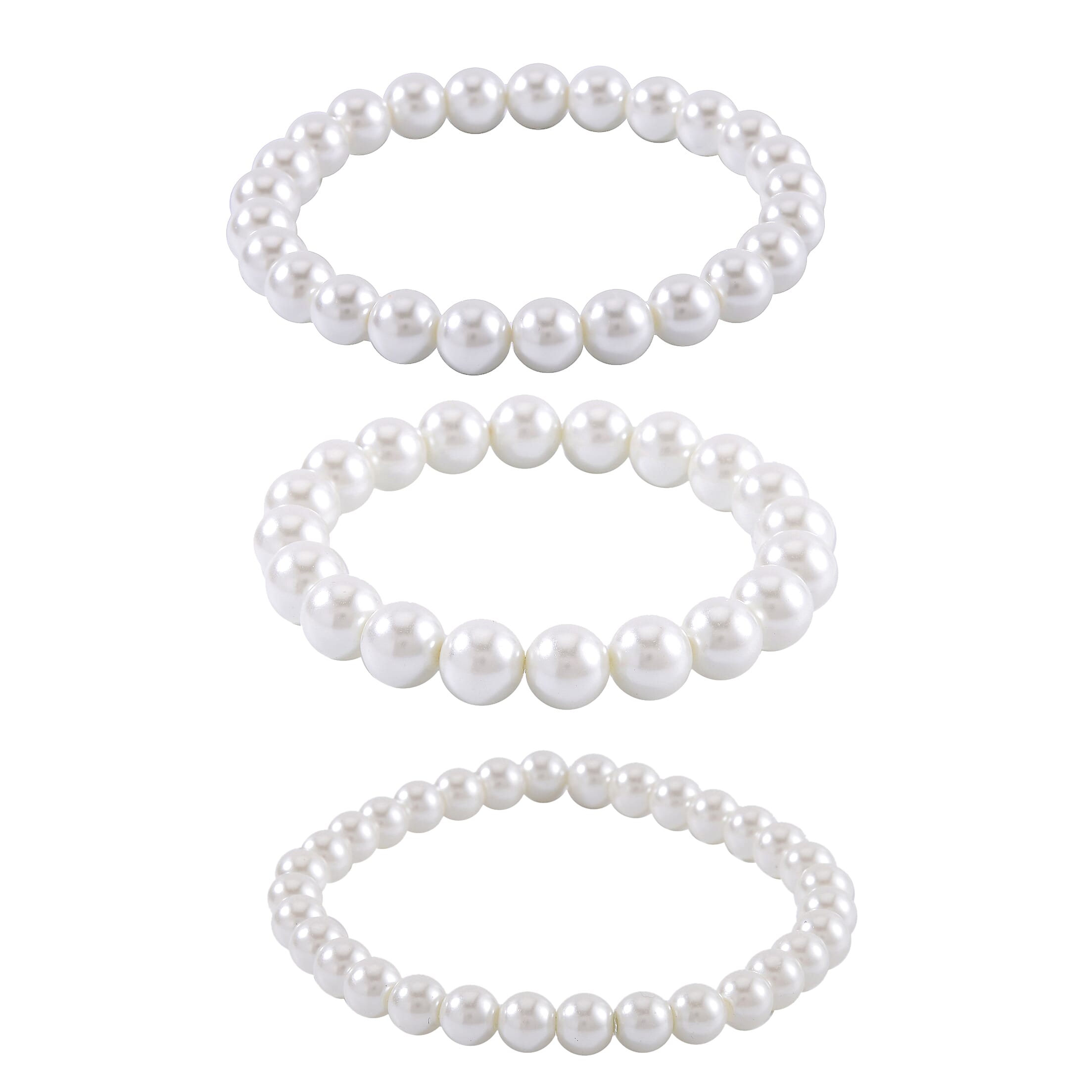 Set with Bow Ribbon Burgundy Packaging 9pcs Set White Color Constituted Shell Pearl Stretch Bracelet, Earrings and Necklace (20-22 Inches) in Stainless Steel