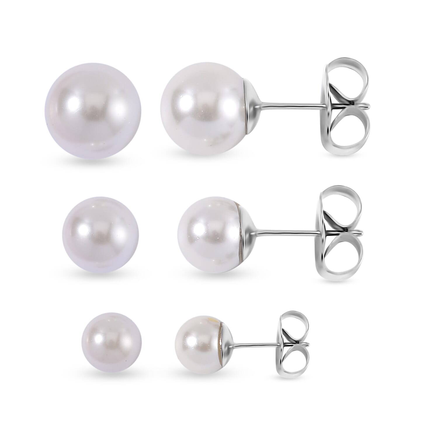 Set with Bow Ribbon Burgundy Packaging 9pcs Set White Color Constituted Shell Pearl Stretch Bracelet, Earrings and Necklace (20-22 Inches) in Stainless Steel