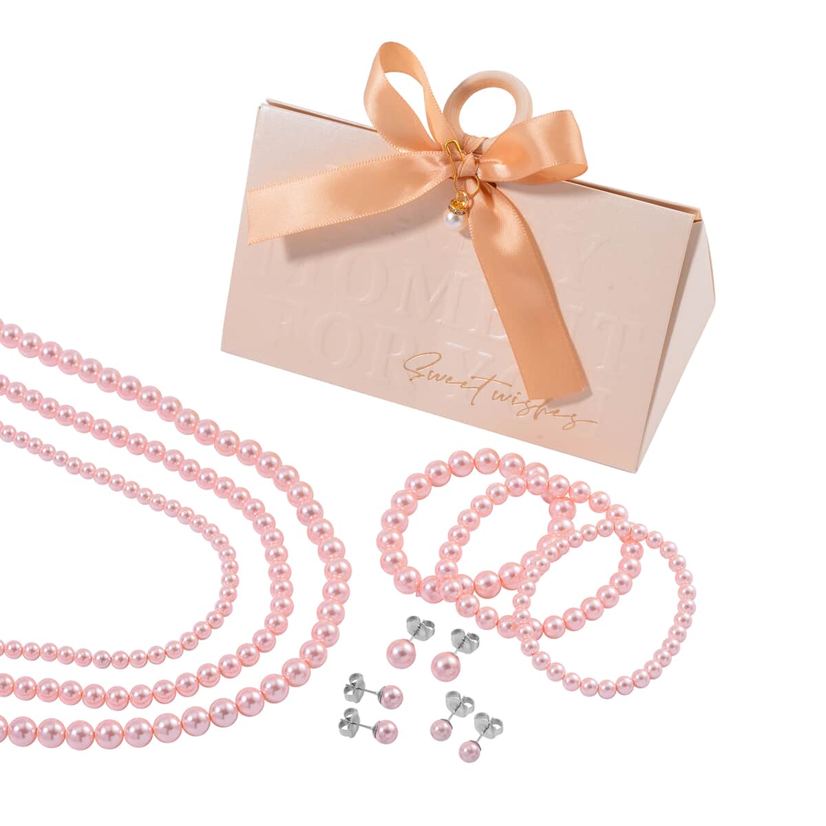 Set with Bow Ribbon Ivory Packaging 9pcs Set Peach Color Constituted Shell Pearl Stretch Bracelet, Earrings and Necklace 20-22 Inches in Stainless Steel image number 0