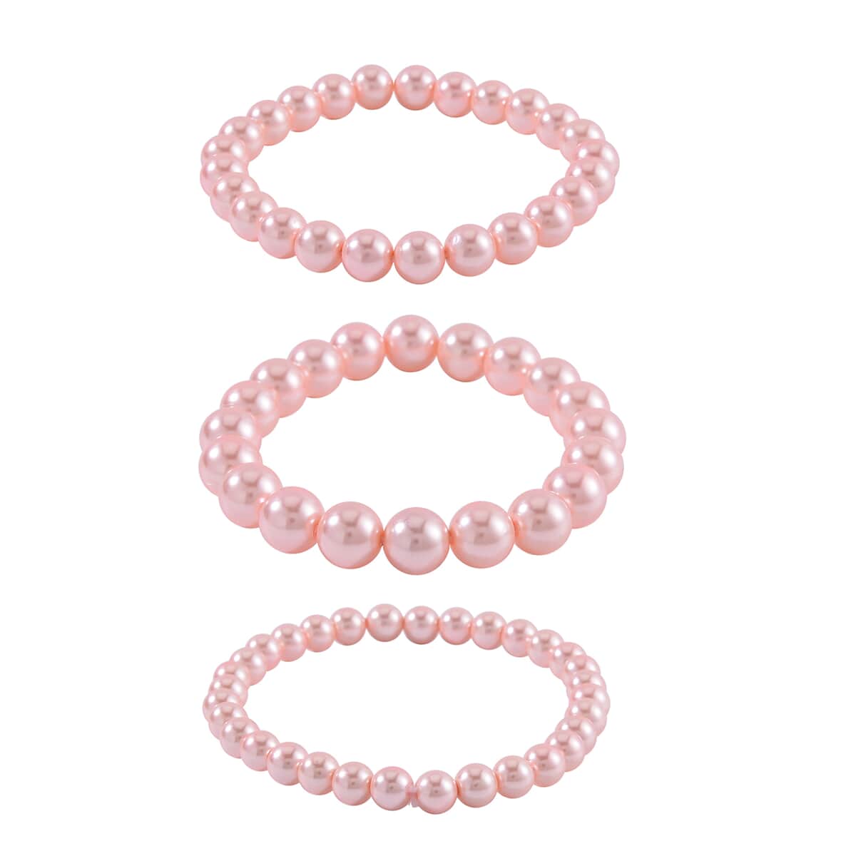 Set with Bow Ribbon Ivory Packaging 9pcs Set Peach Color Constituted Shell Pearl Stretch Bracelet, Earrings and Necklace 20-22 Inches in Stainless Steel image number 8