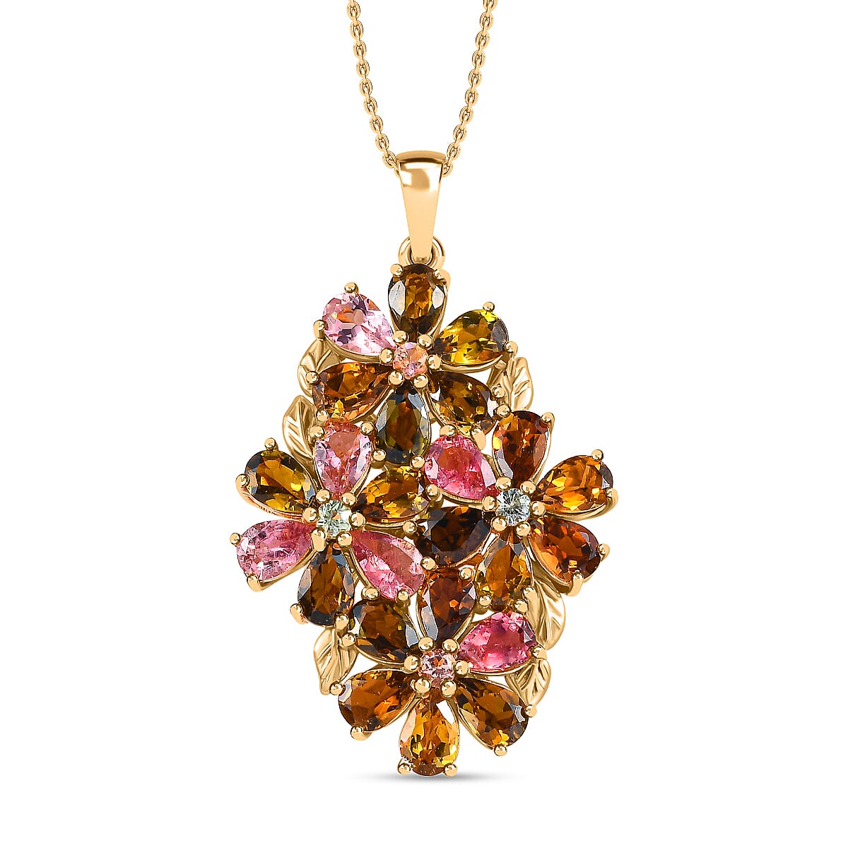 Multi-Tourmaline Floral Pendant Necklace 20 Inches in Vermeil Yellow Gold Over Sterling Silver 9.10 ctw image number 0