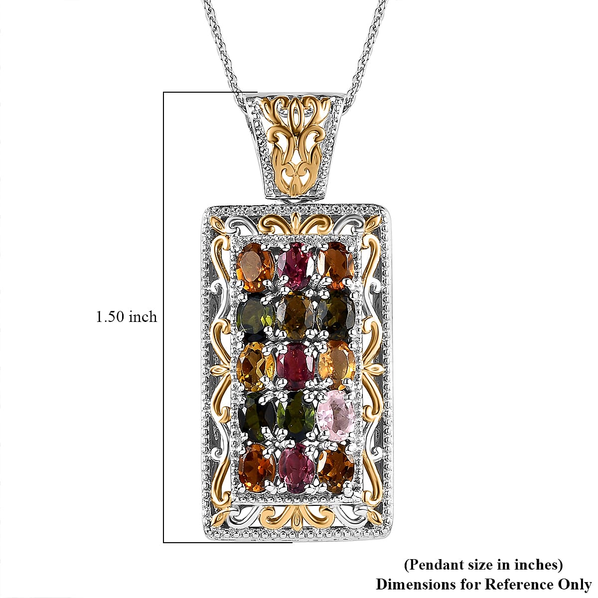 Multi-Tourmaline Cluster Pendant Necklace 20 Inches in Vermeil Yellow Gold and Platinum Over Sterling Silver 2.65 ctw