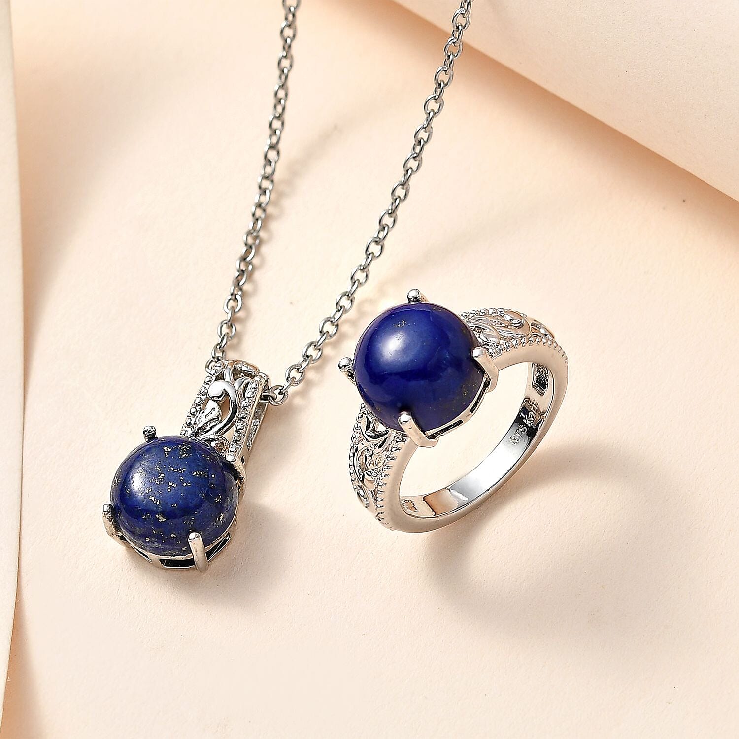 Karis Lapis Lazuli Solitaire Ring (Size 5.0) and Pendant in Platinum Bond with Stainless Steel Necklace 20 Inches 9.10 ctw