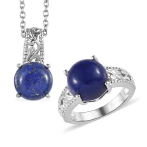 Karis Lapis Lazuli Solitaire Ring (Size 6.0) and Pendant in Platinum Bond with Stainless Steel Necklace 20 Inches 9.10 ctw