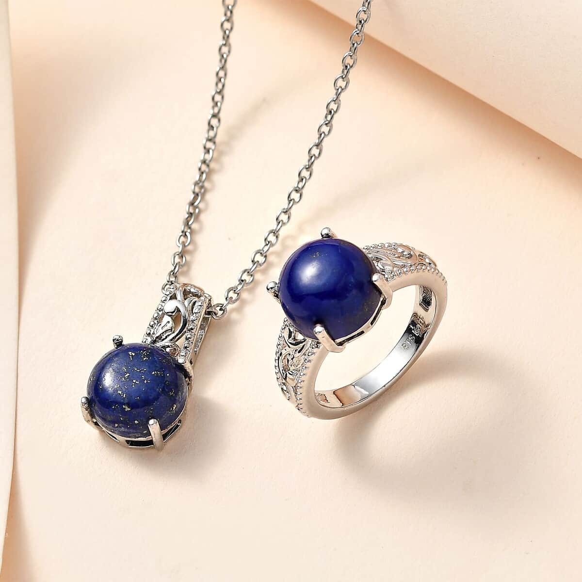 Karis Lapis Lazuli Solitaire Ring (Size 6.0) and Pendant in Platinum Bond with Stainless Steel Necklace 20 Inches 9.10 ctw image number 1