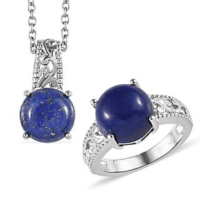 Karis Lapis Lazuli Solitaire Ring (Size 8.0) and Pendant in Platinum Bond with Stainless Steel Necklace 20 Inches 9.10 ctw