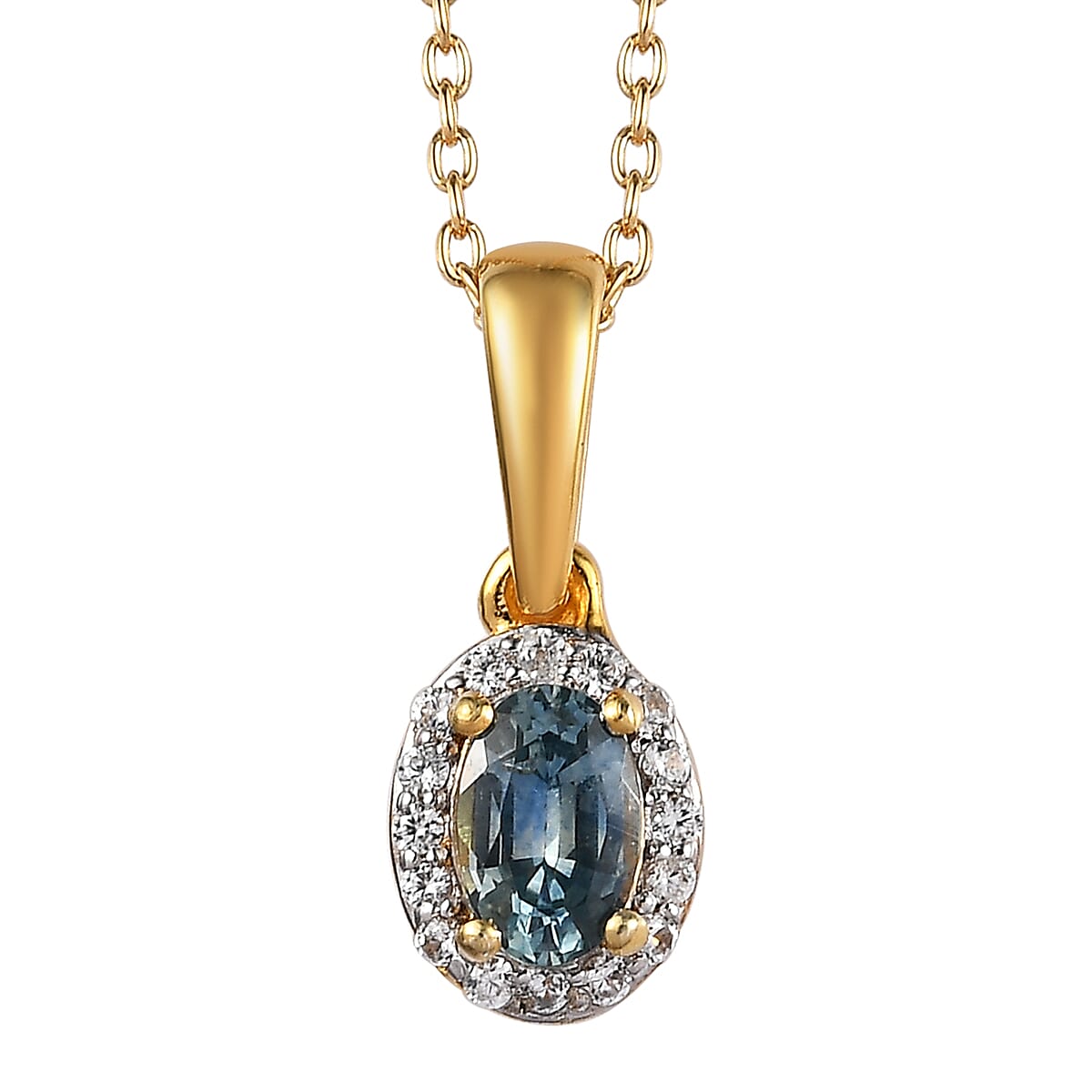 Premium Montana Sapphire and White Zircon 0.65 ctw Pendant Necklace (20 Inches) in 18K Vermeil YG Over Sterling Silver