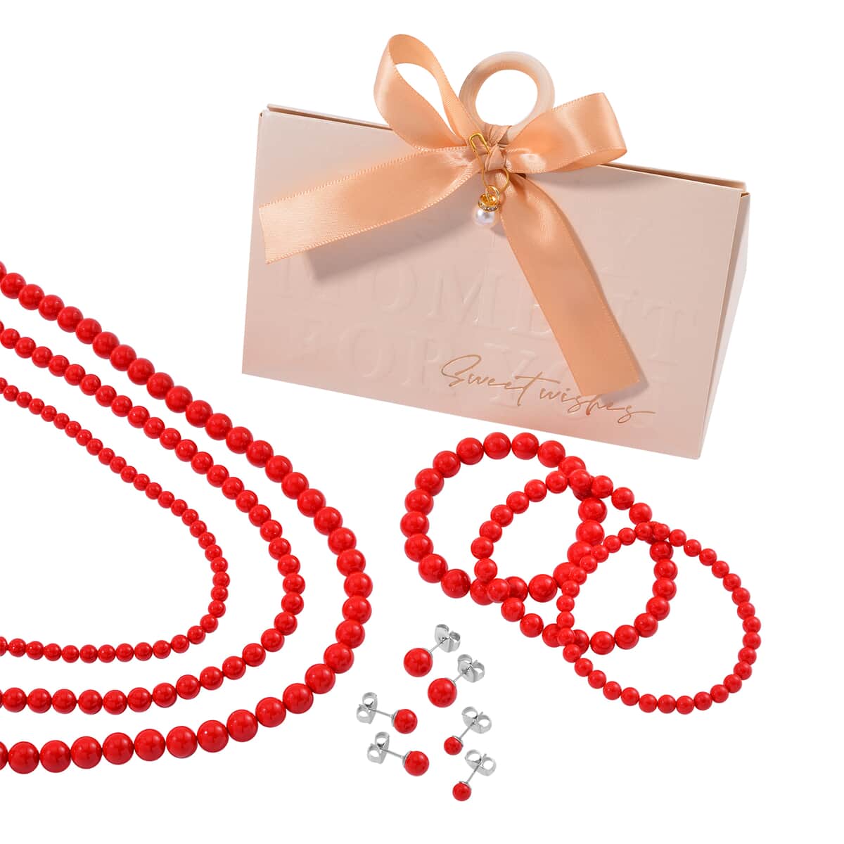 Set with Bow Ribbon Ivory Packaging 9pcs Set Red Color Constituted Shell Pearl Stretch Bracelet, Earrings and Necklace 20-22 Inches in Stainless Steel image number 0