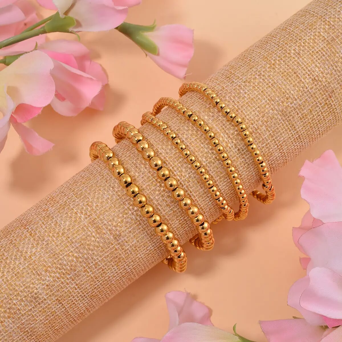 EverTrue Set of 5 Beaded Stretch Bracelet in ION Plated YG Stainless Steel, Adjustable Stackable Bracelet Set, Birthday Anniversary Gift image number 1
